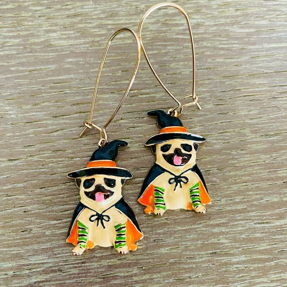 Witch Pug Dog Halloween Earrings
